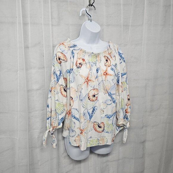 Chaps White Blue Seashell Blouse Beach Tropical L - Picture 5 of 11